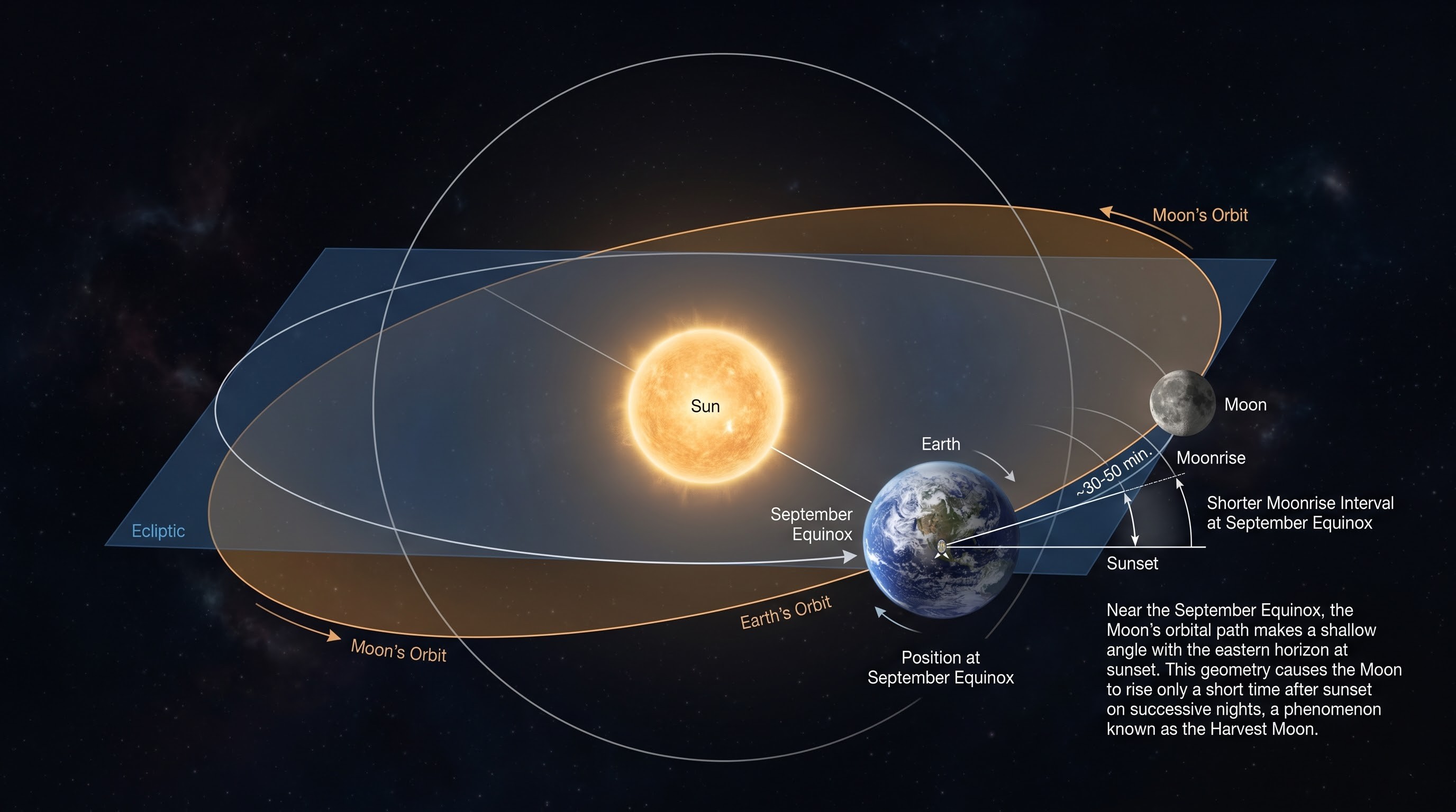 Diagram explaining why the Harvest Moon rises close to sunset near the September equinox