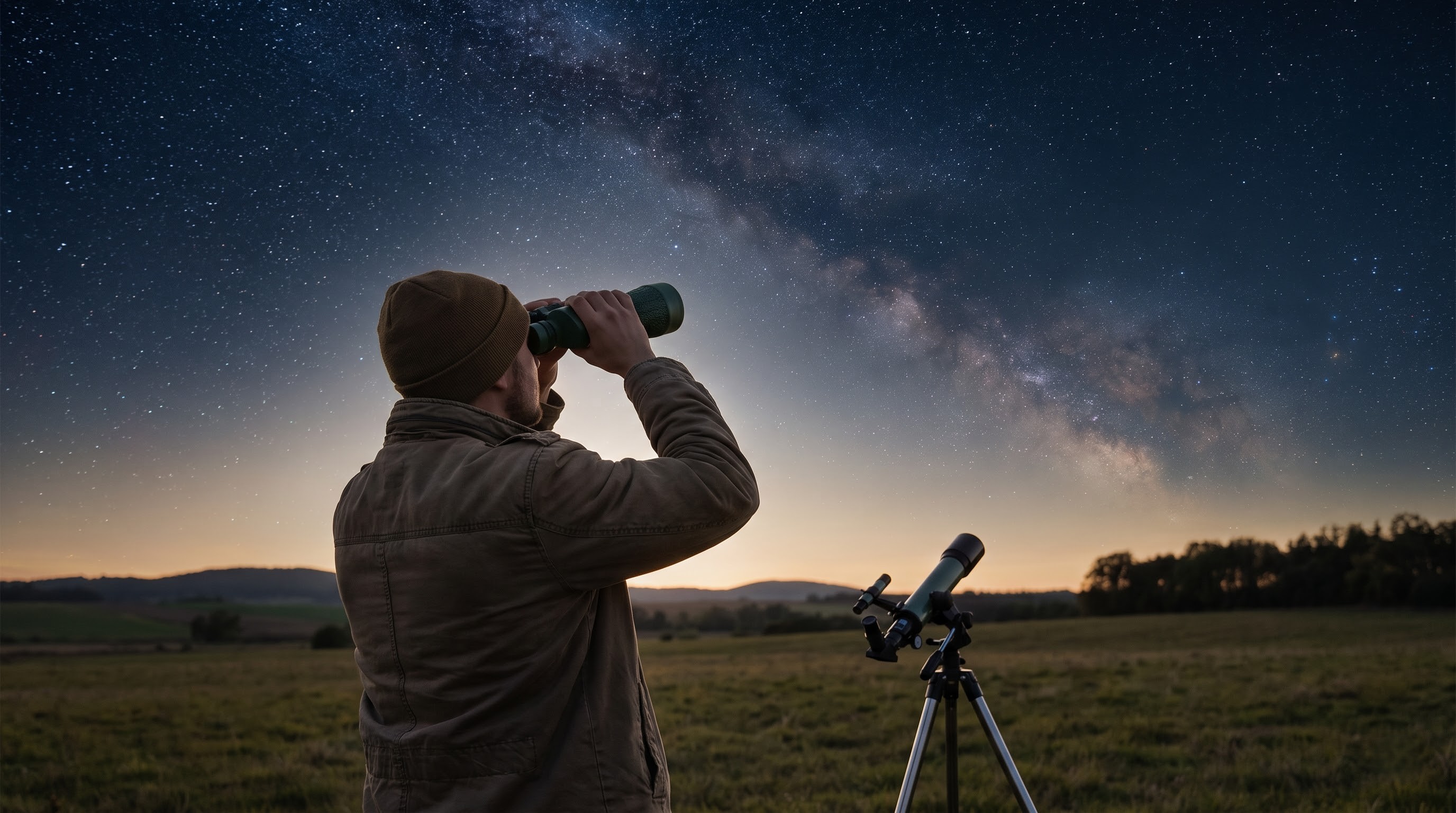 Beginner stargazer using binoculars to observe the night sky in September 2026