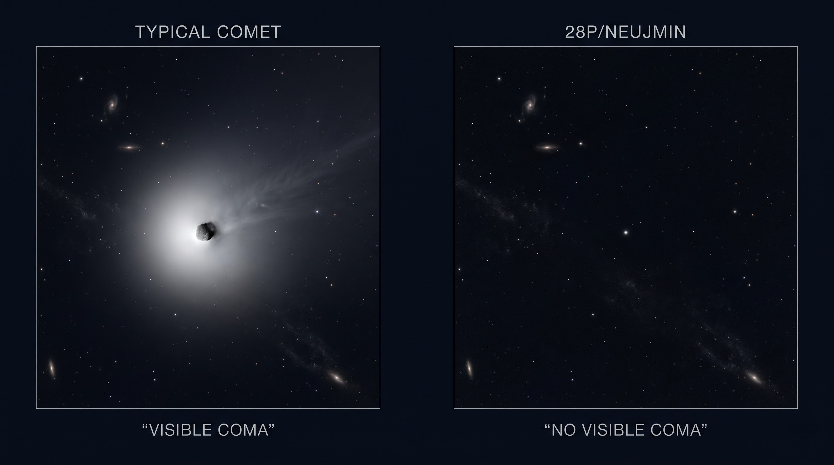 Comparison of a typical comet with a visible coma versus the bare nucleus of comet 28P/Neujmin