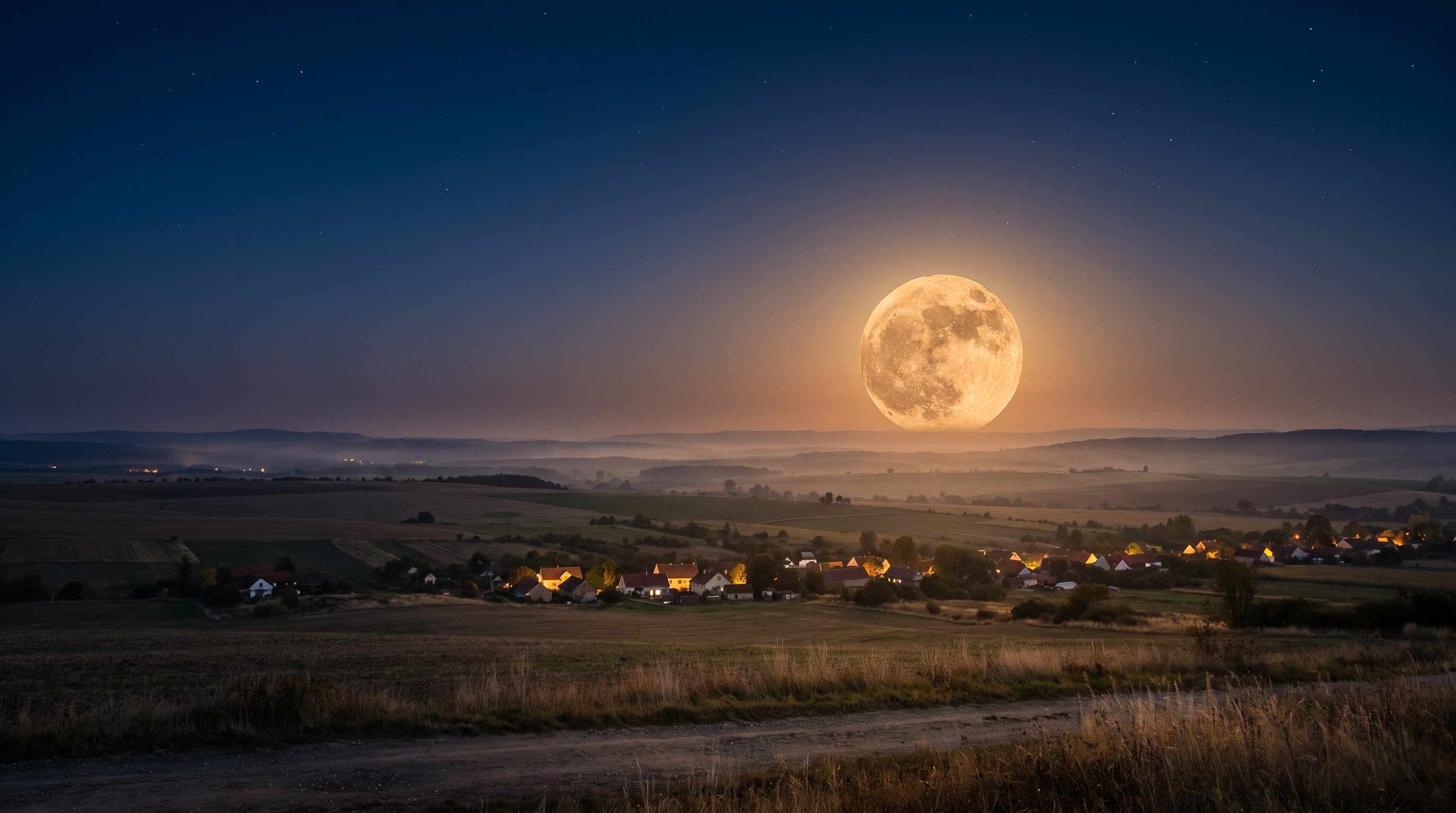 A night landscape with the Harvest Moon glowing over the horizon