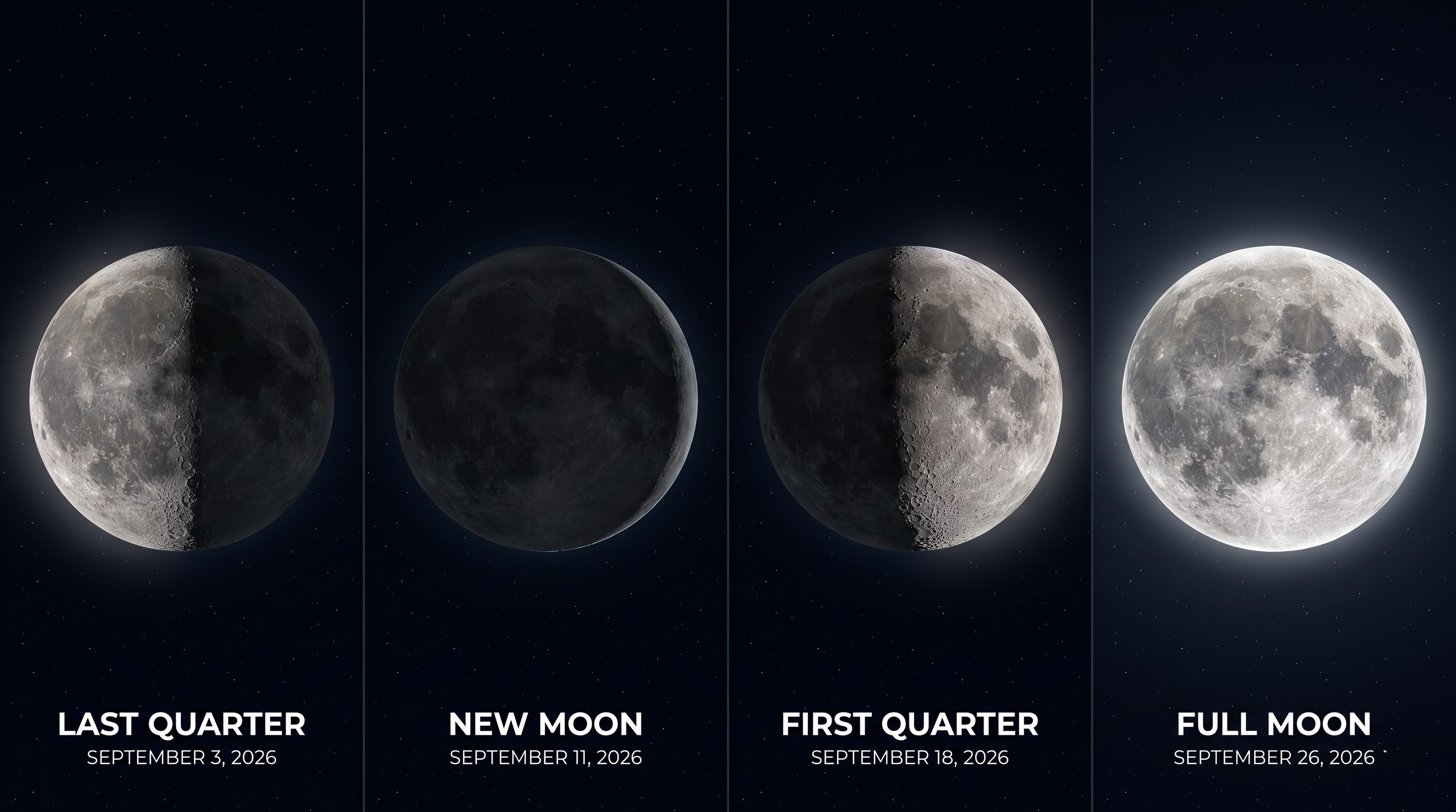Solar System Explorers September 2026 Moon phases calendar showing last quarter, new moon, first quarter, and full moon dates
