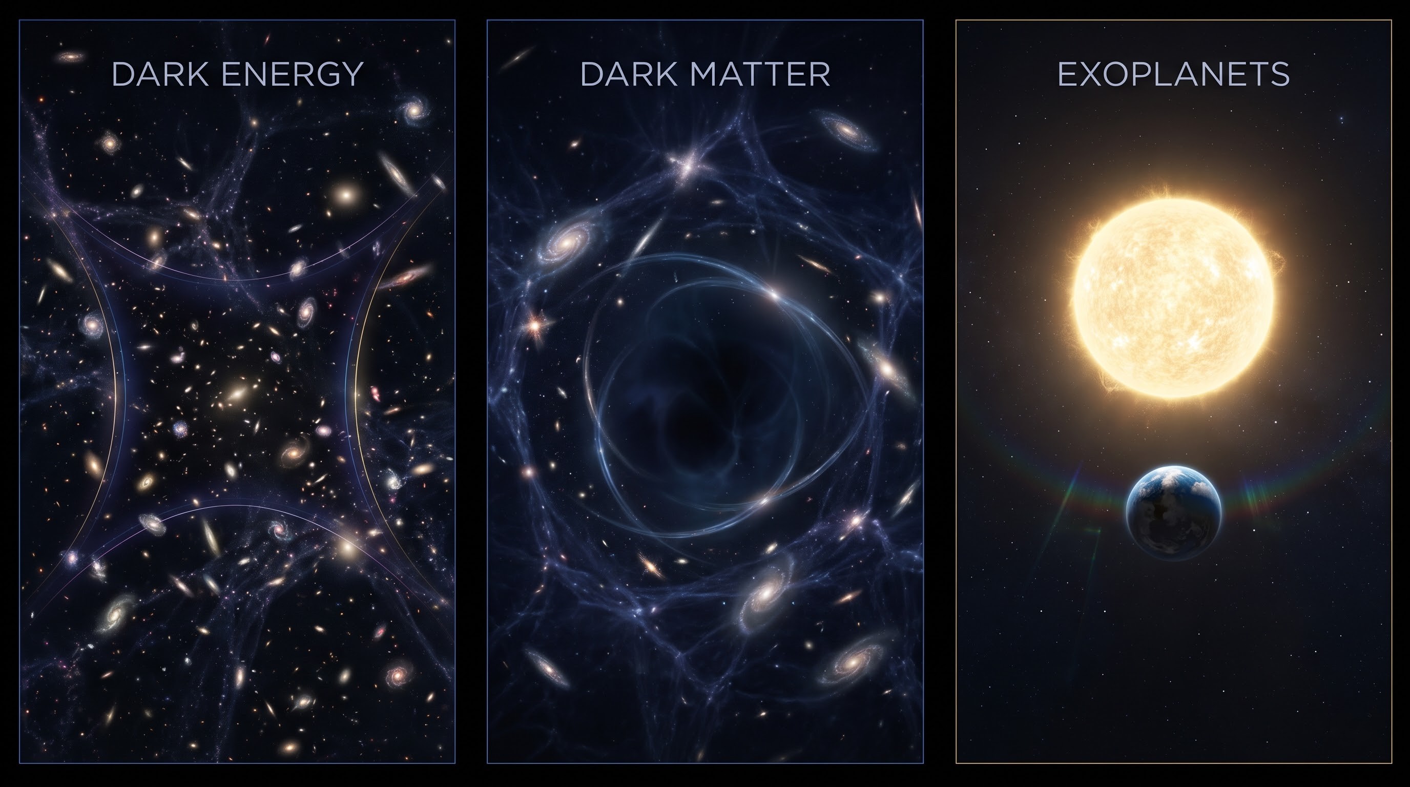 Illustration of Roman Space Telescope&rsquo;s three science goals: dark energy, dark matter, and exoplanets