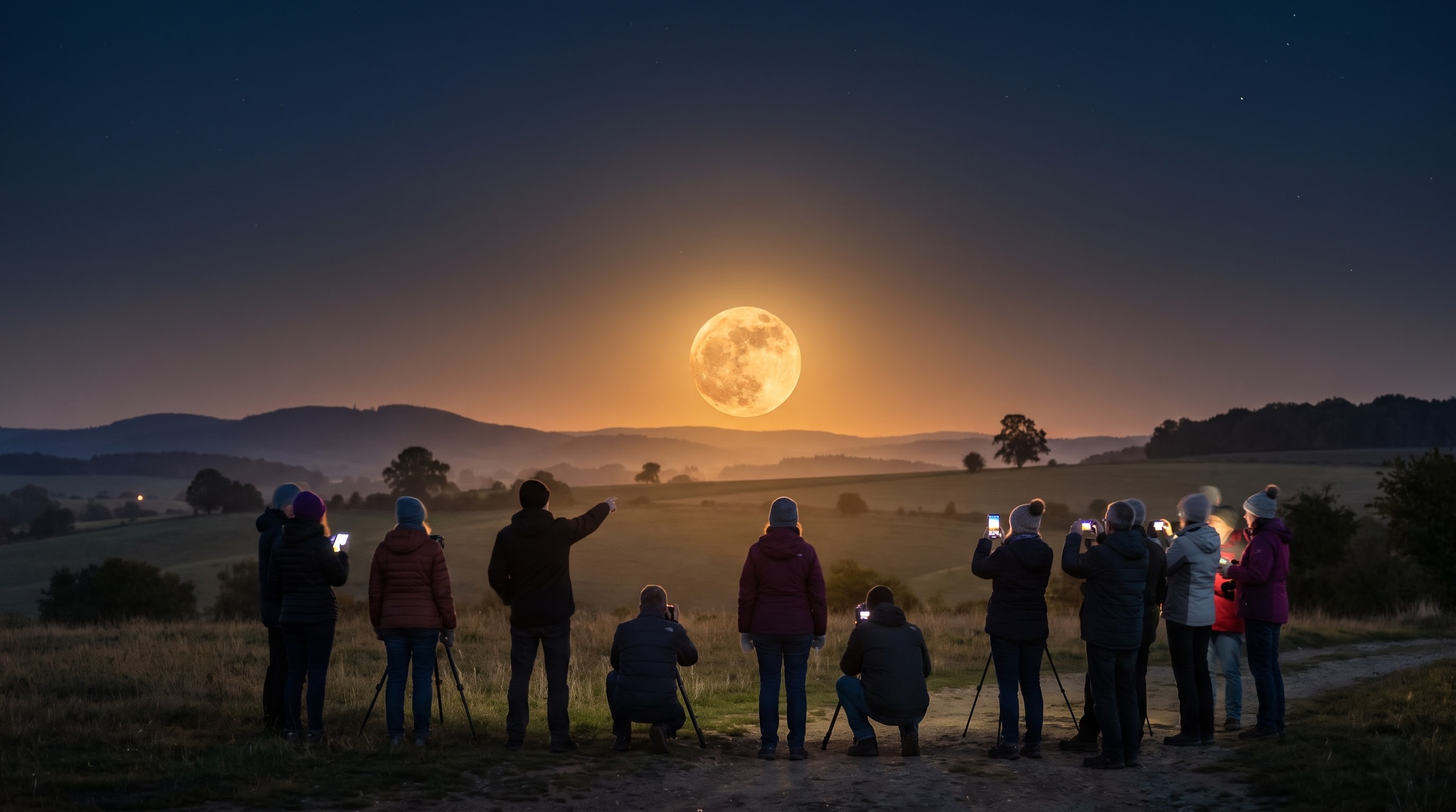 People watching and photographing the Harvest Moon rising