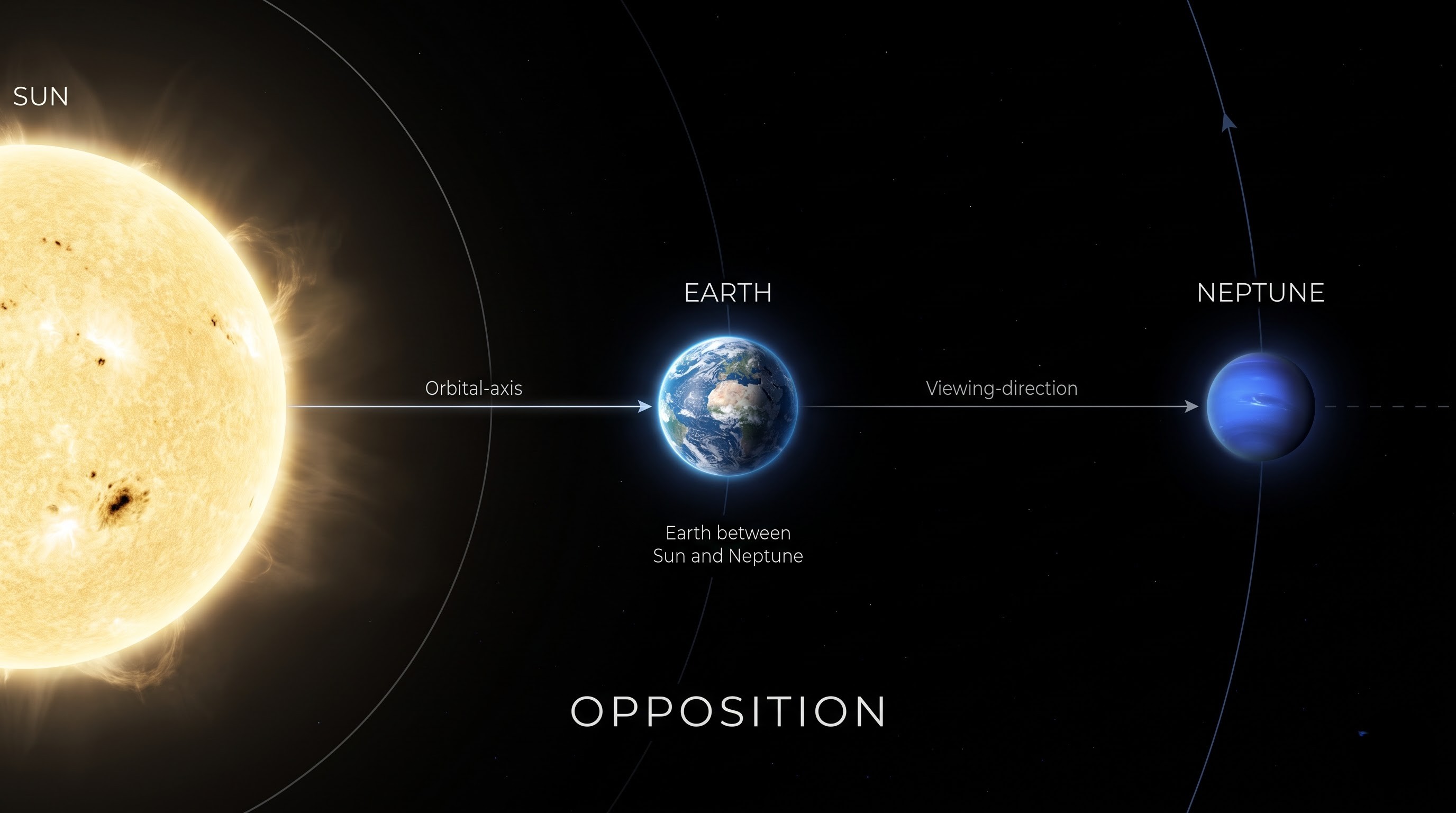 Diagram explaining planetary opposition, showing Earth positioned between the Sun and Neptune