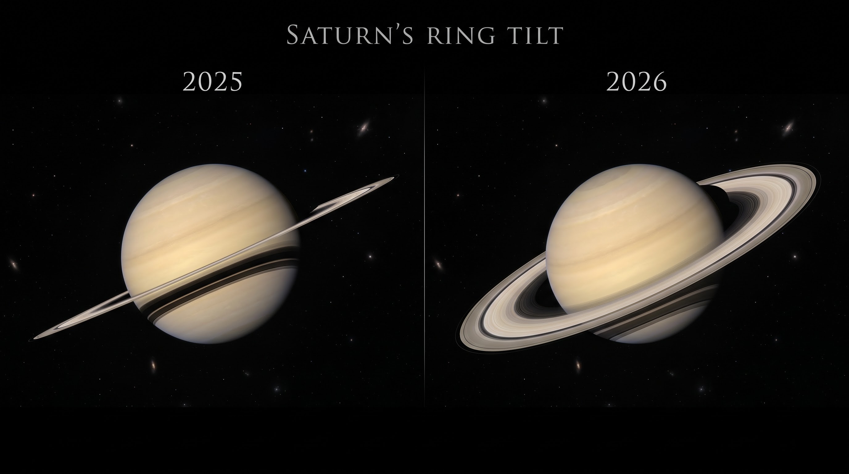 Comparison of Saturn's ring tilt in 2025 versus 2026