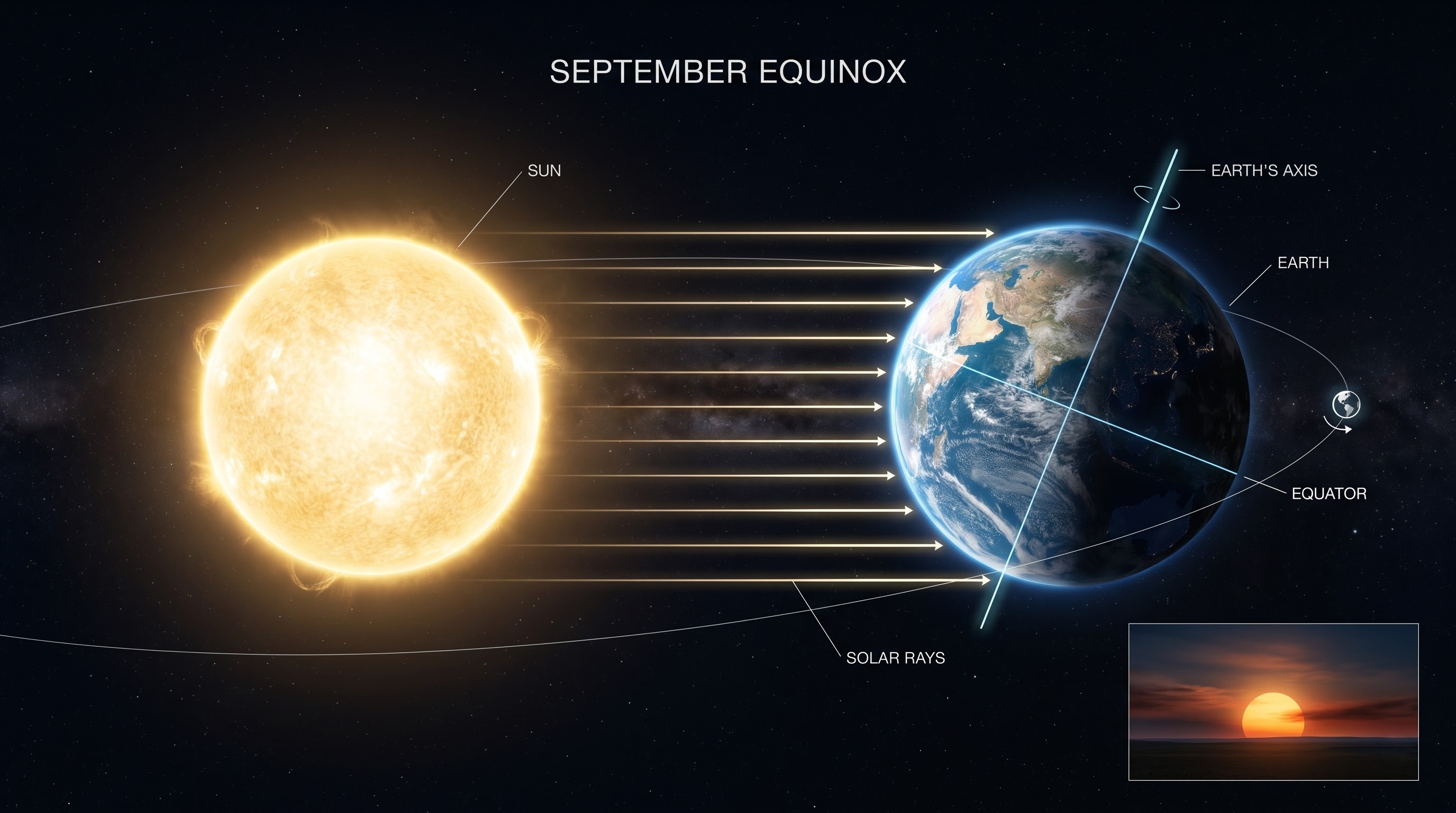 Diagram of the September equinox showing Earth’s axis and the Sun crossing the celestial equator
