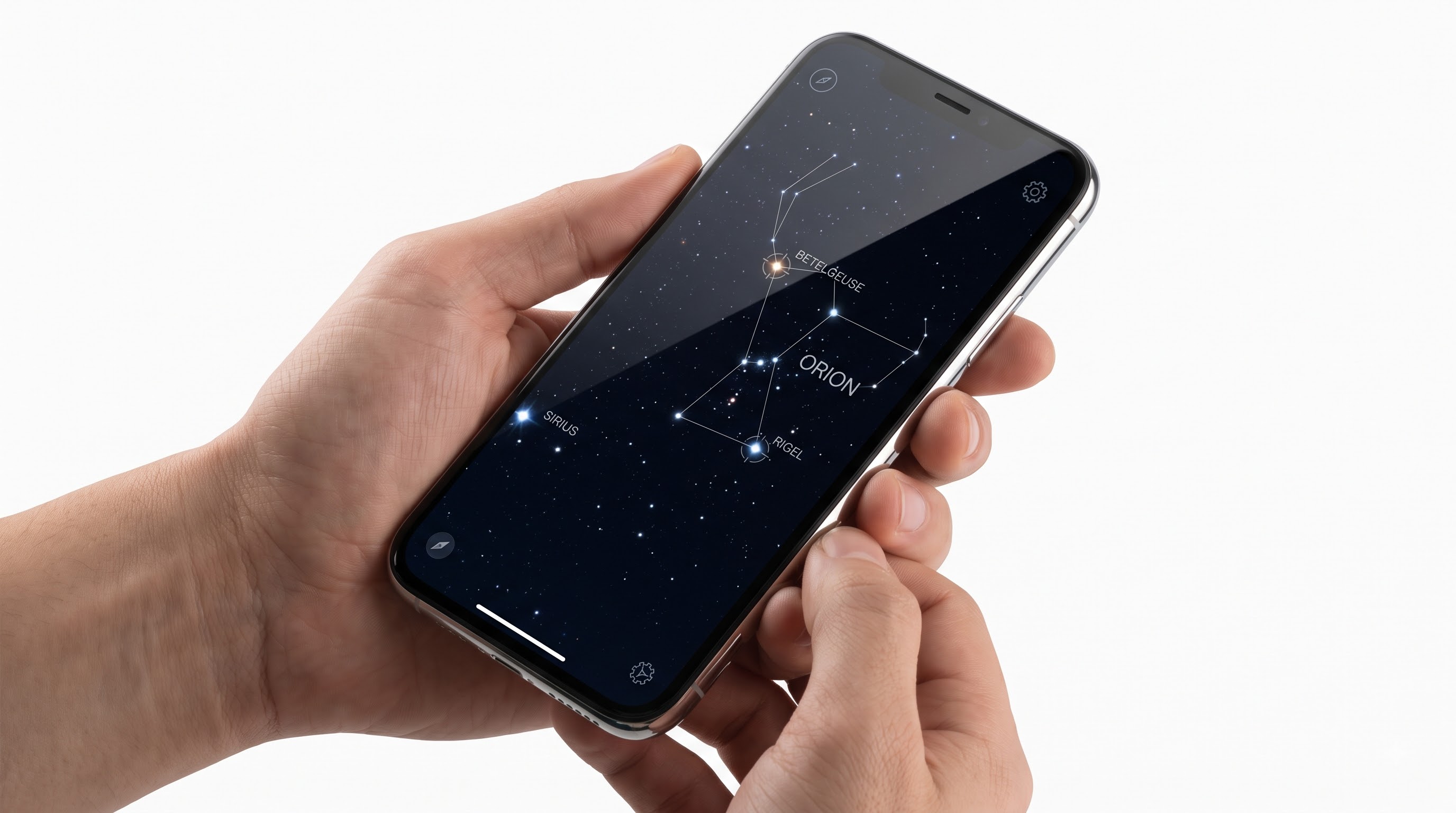Phone stargazing app identifying stars and constellations in the night sky